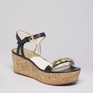 Michael Kors Black Gold Studded Wedge Sandal 7